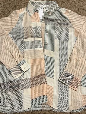 Rose & Olive Patchwork-Print Button-Down Shirt - Beige Peach Multi